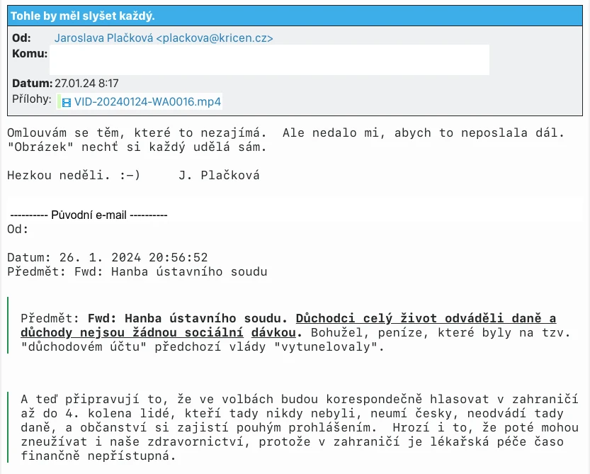Screenshot prvního vzorku emailu