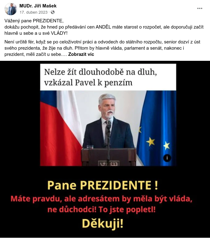 Screenshot příspěvku z Facebooku MUDr. Jiříko Maška