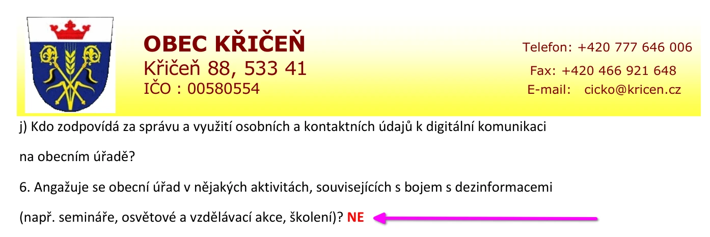 Screenshot odpovědi obce na to, zda se obec angažuje v aktivitách spojených s bojem proti dezinformacím - obec odpovídá NE